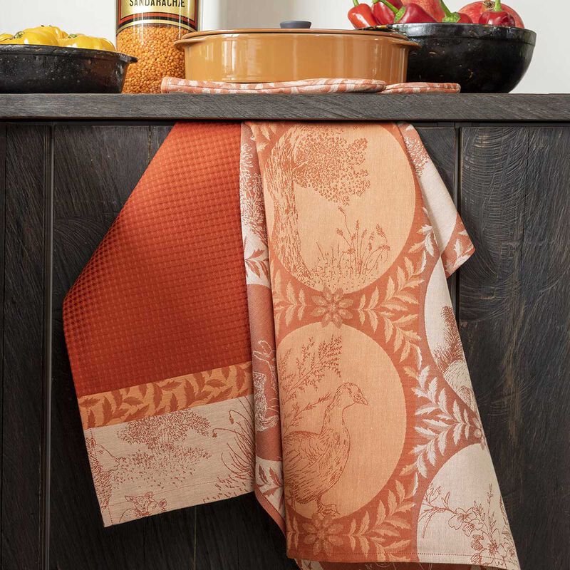 Linen Tea Towels. Set of Red Orange and Brown Kitchen Towels. 