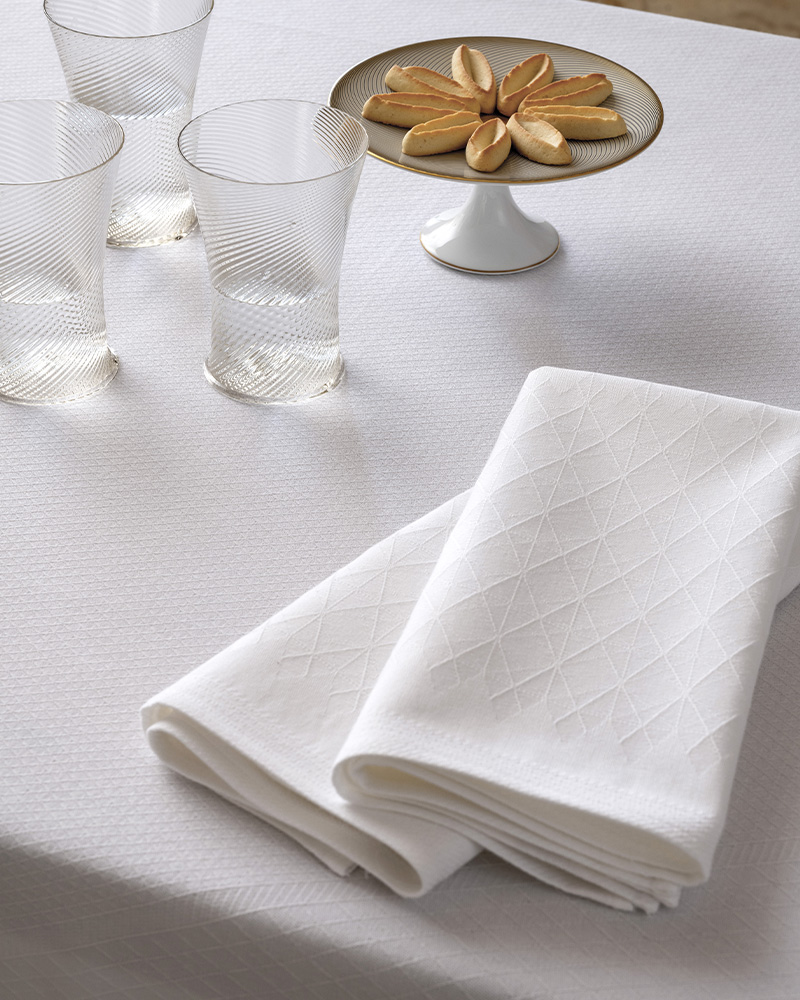 Tablecloth and glassware on a set table